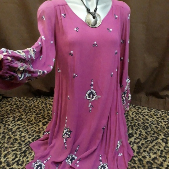 Bohemian Embroidered Floral Mini Open Back Tunic Dress Pink Lilac XS FREE PEOPLE - Picture 6 of 8